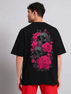 Genz-Classic Men's Black Oversized Skull & Floral Graphic Print Cotton T-Shirt