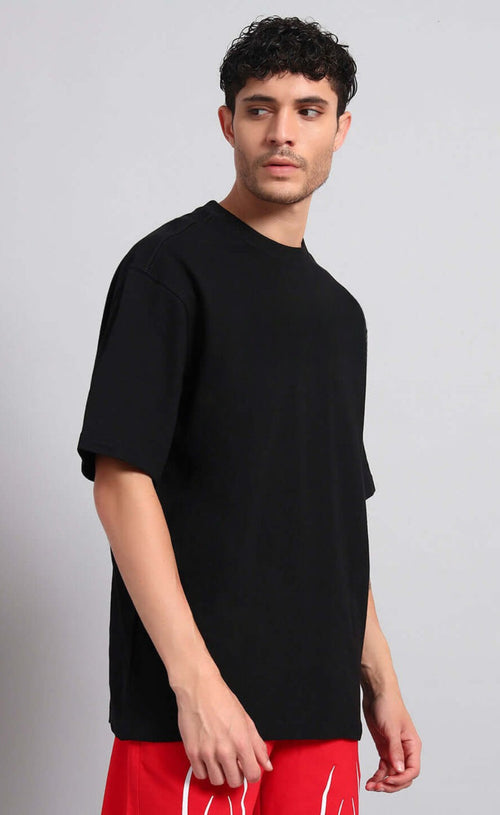 Genz-Classic Men's Black Oversized Skull & Floral Graphic Print Cotton T-Shirt