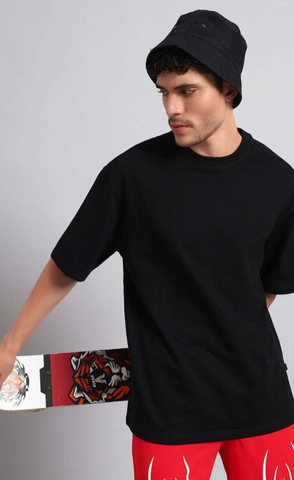 Genz-Classic Men's Black Oversized Skull & Floral Graphic Print Cotton T-Shirt