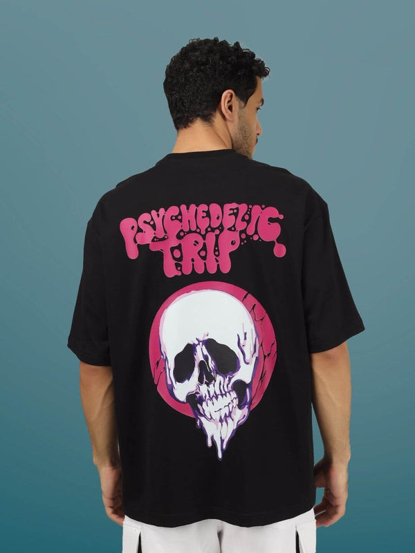 Genz-Classic Men's Black Psychedelic Trip Skull Graphic Oversized Cotton T-Shirt