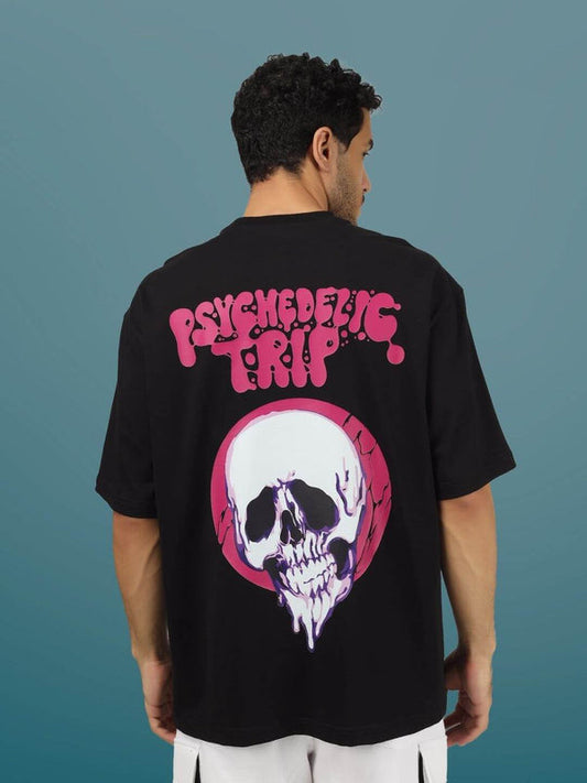 Genz-Classic Men's Black Psychedelic Trip Skull Graphic Oversized Cotton T-Shirt