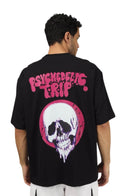 Genz-Classic Men's Black Psychedelic Trip Skull Graphic Oversized Cotton T-Shirt