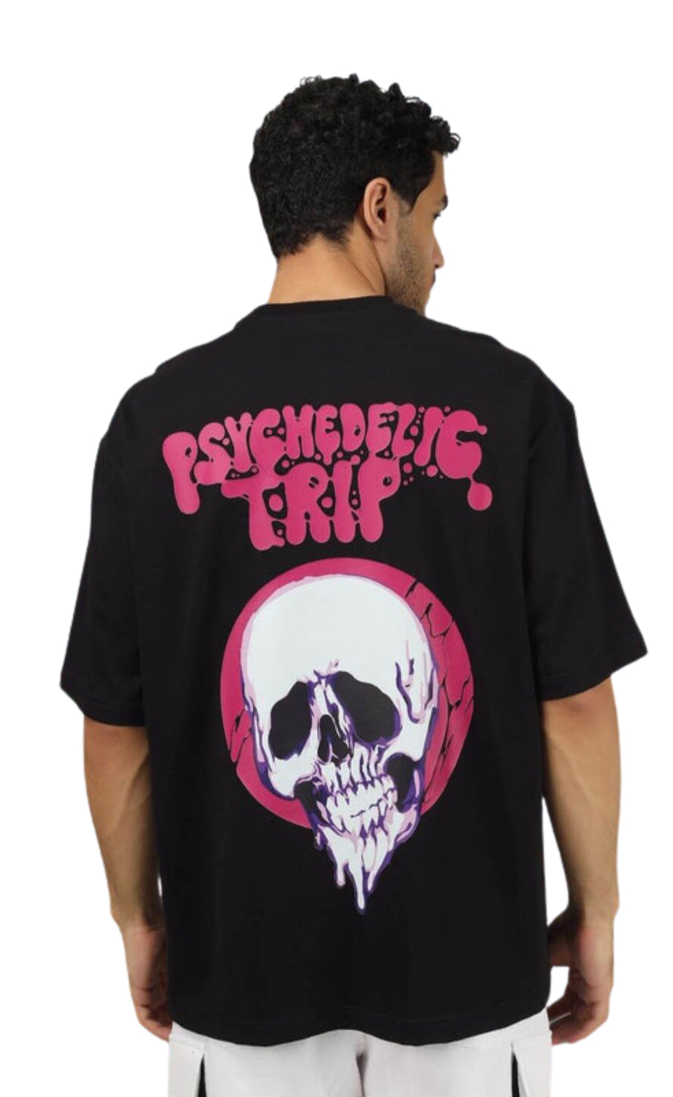 Genz-Classic Men's Black Psychedelic Trip Skull Graphic Oversized Cotton T-Shirt