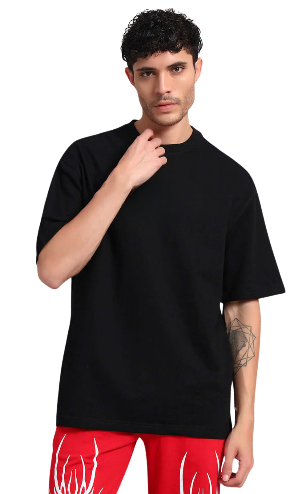 Genz-Classic Men's Black Oversized Skull & Floral Graphic Print Cotton T-Shirt