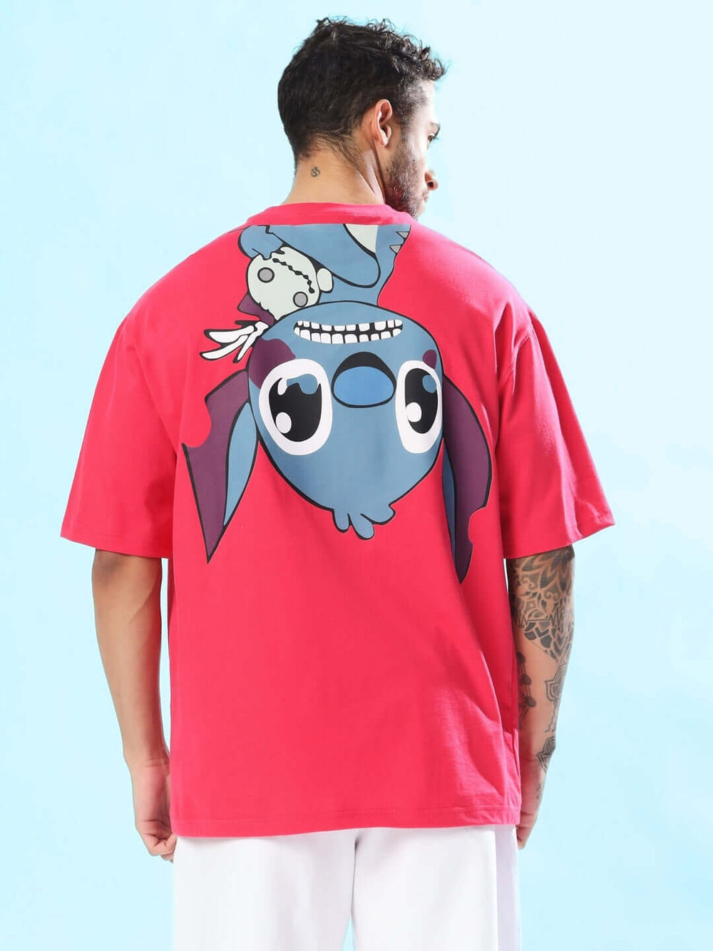 Genz-Classic Men's Pink Oversized Stitch Graphic Printed Cotton T-Shirt