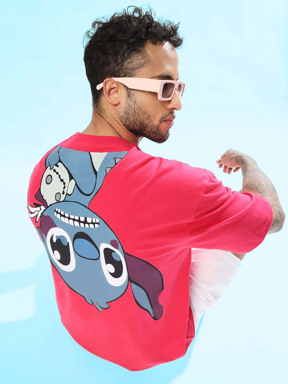 Genz-Classic Men's Pink Oversized Stitch Graphic Printed Cotton T-Shirt