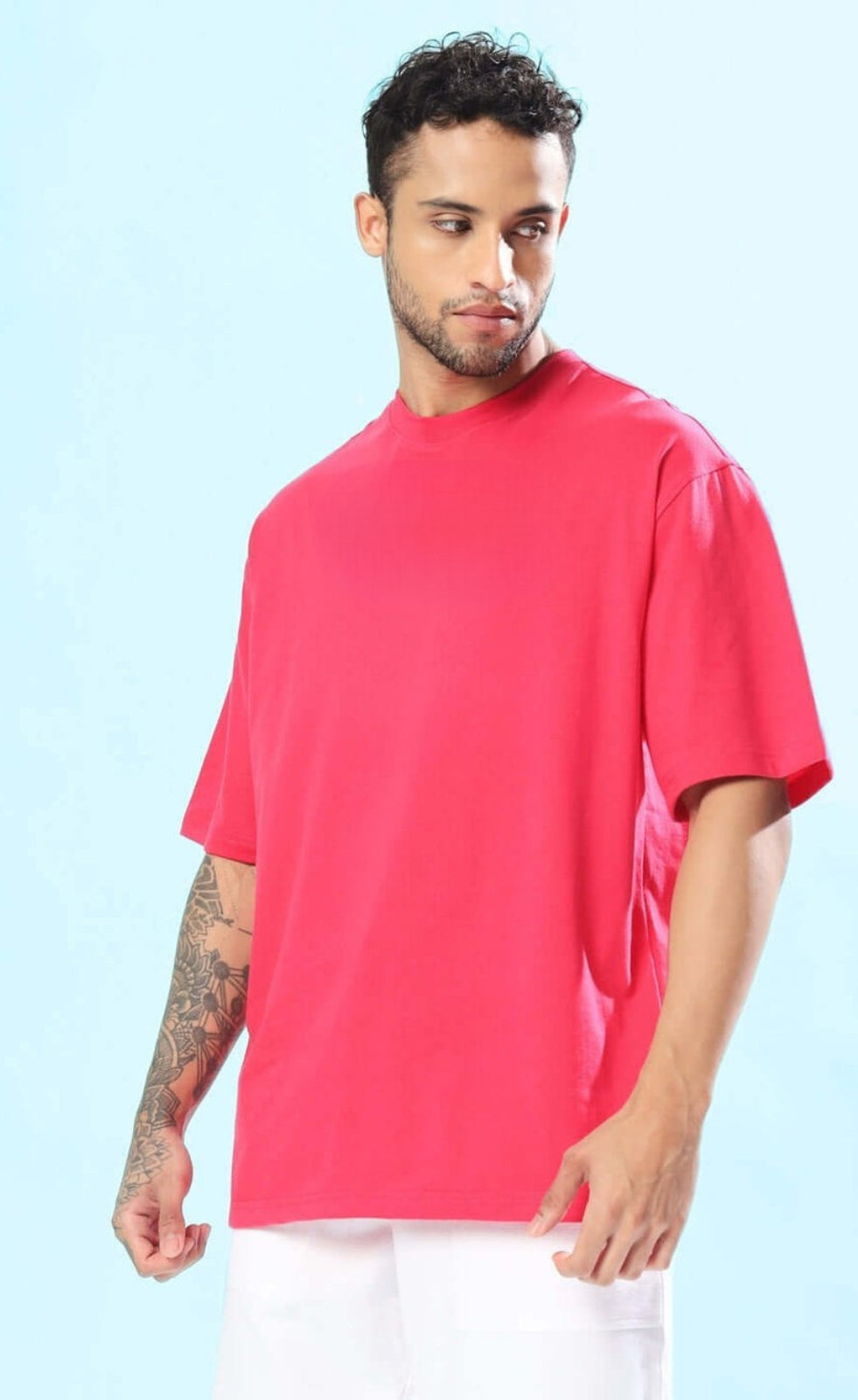 Genz-Classic Men's Pink Oversized Stitch Graphic Printed Cotton T-Shirt