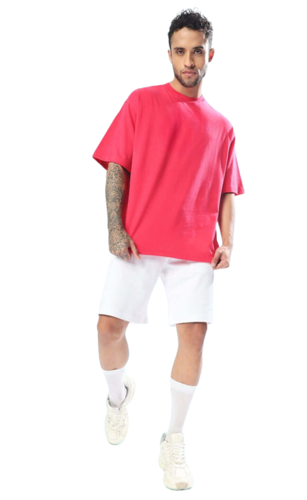 Genz-Classic Men's Pink Oversized Stitch Graphic Printed Cotton T-Shirt