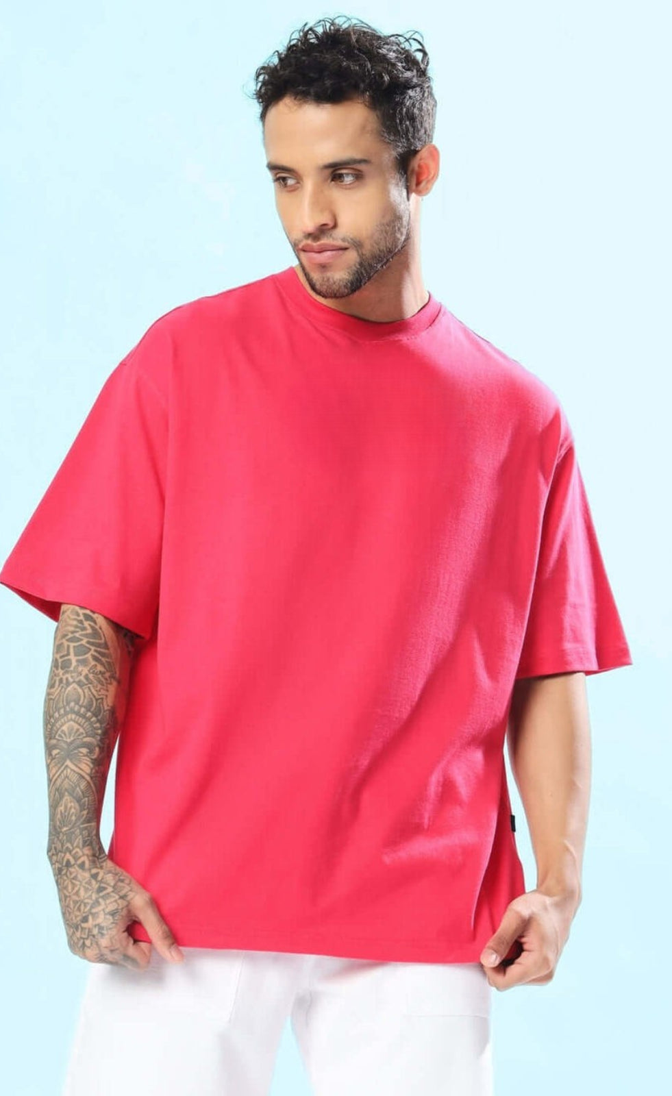Genz-Classic Men's Pink Oversized Stitch Graphic Printed Cotton T-Shirt