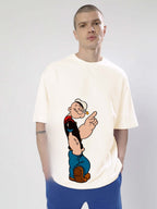 Genz-Classic Men's Off White Oversized Popeye Graphic Print Cotton T-Shirt