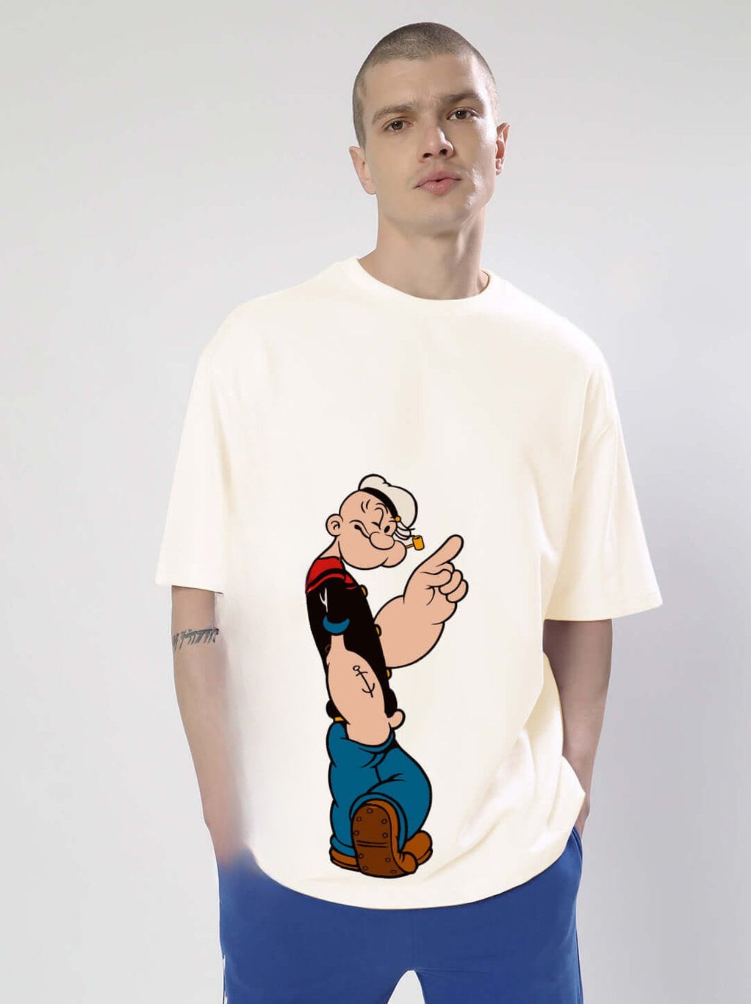 Genz-Classic Men's Off White Oversized Popeye Graphic Print Cotton T-Shirt