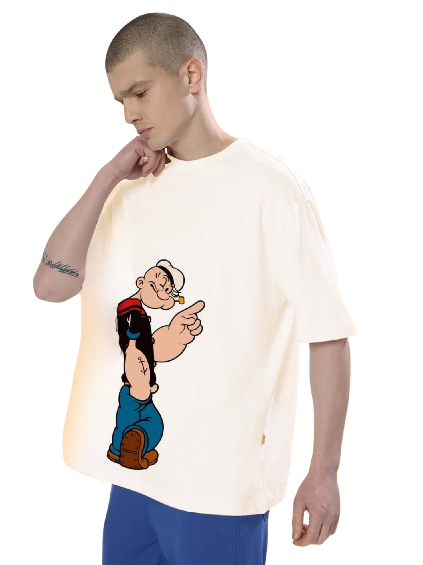 Genz-Classic Men's Off White Oversized Popeye Graphic Print Cotton T-Shirt