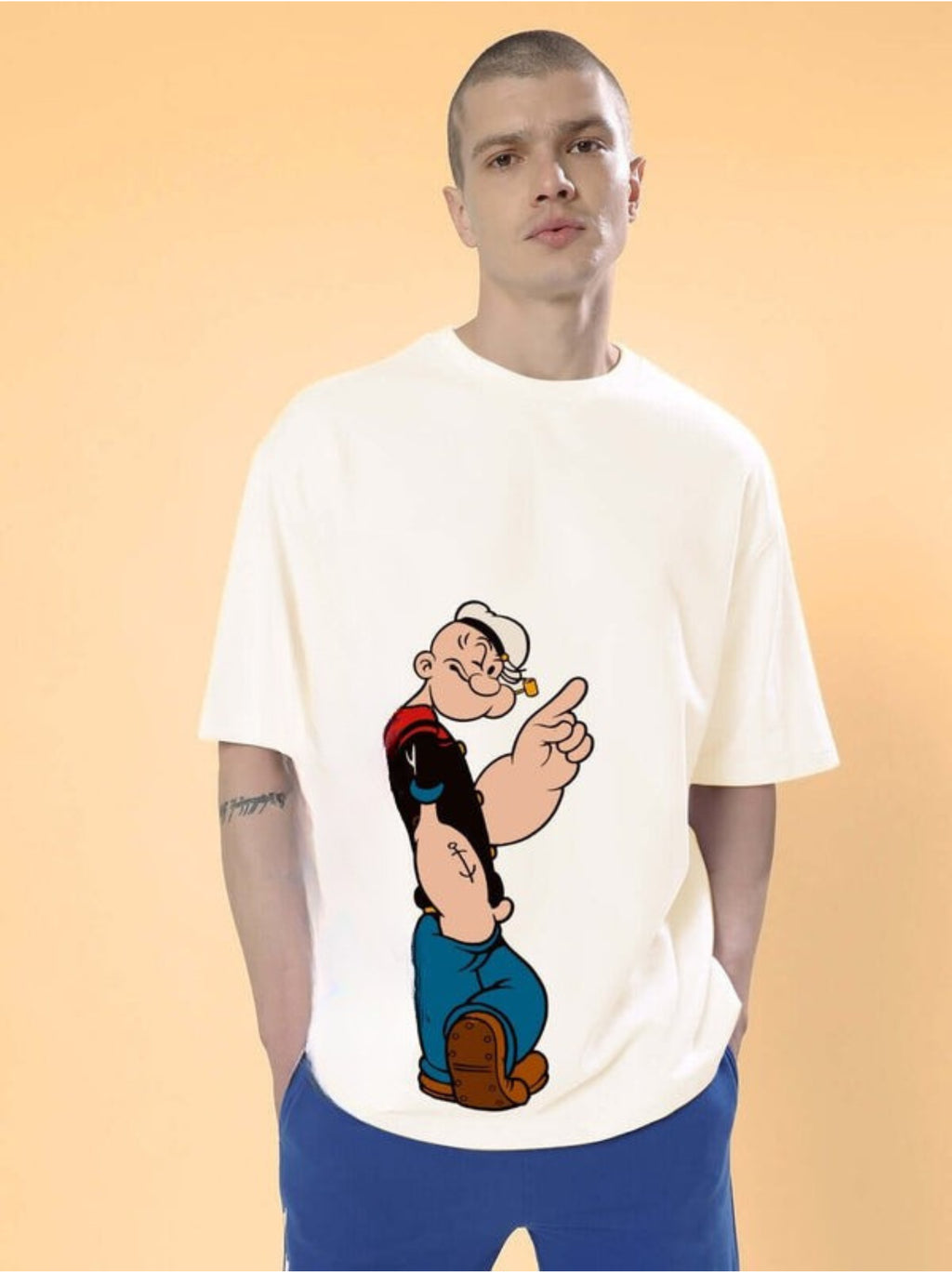 Genz-Classic Men's Off White Oversized Popeye Graphic Print Cotton T-Shirt