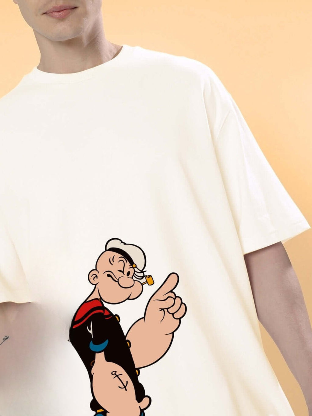 Genz-Classic Men's Off White Oversized Popeye Graphic Print Cotton T-Shirt