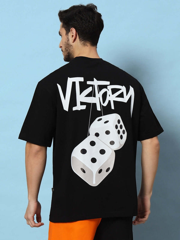 Genz-Classic Men's Black Oversized Victory Dice Graphic Print Cotton T-Shirt