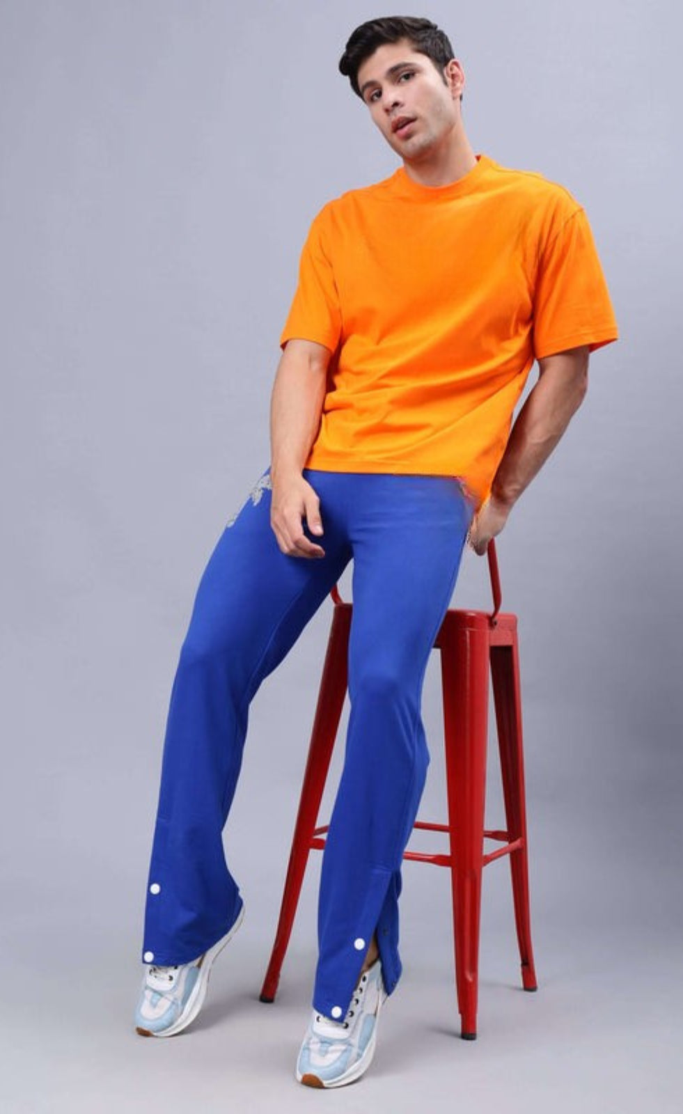 Genz-Classic Men's Orange Oversized Floral Graphic Print Cotton T-Shirt