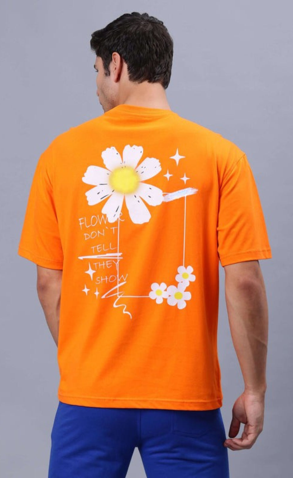 Genz-Classic Men's Orange Oversized Floral Graphic Print Cotton T-Shirt