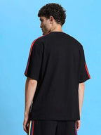 Genz-Classic Men's Black Oversized Multi Stripe Sleeve Cotton T-Shirt