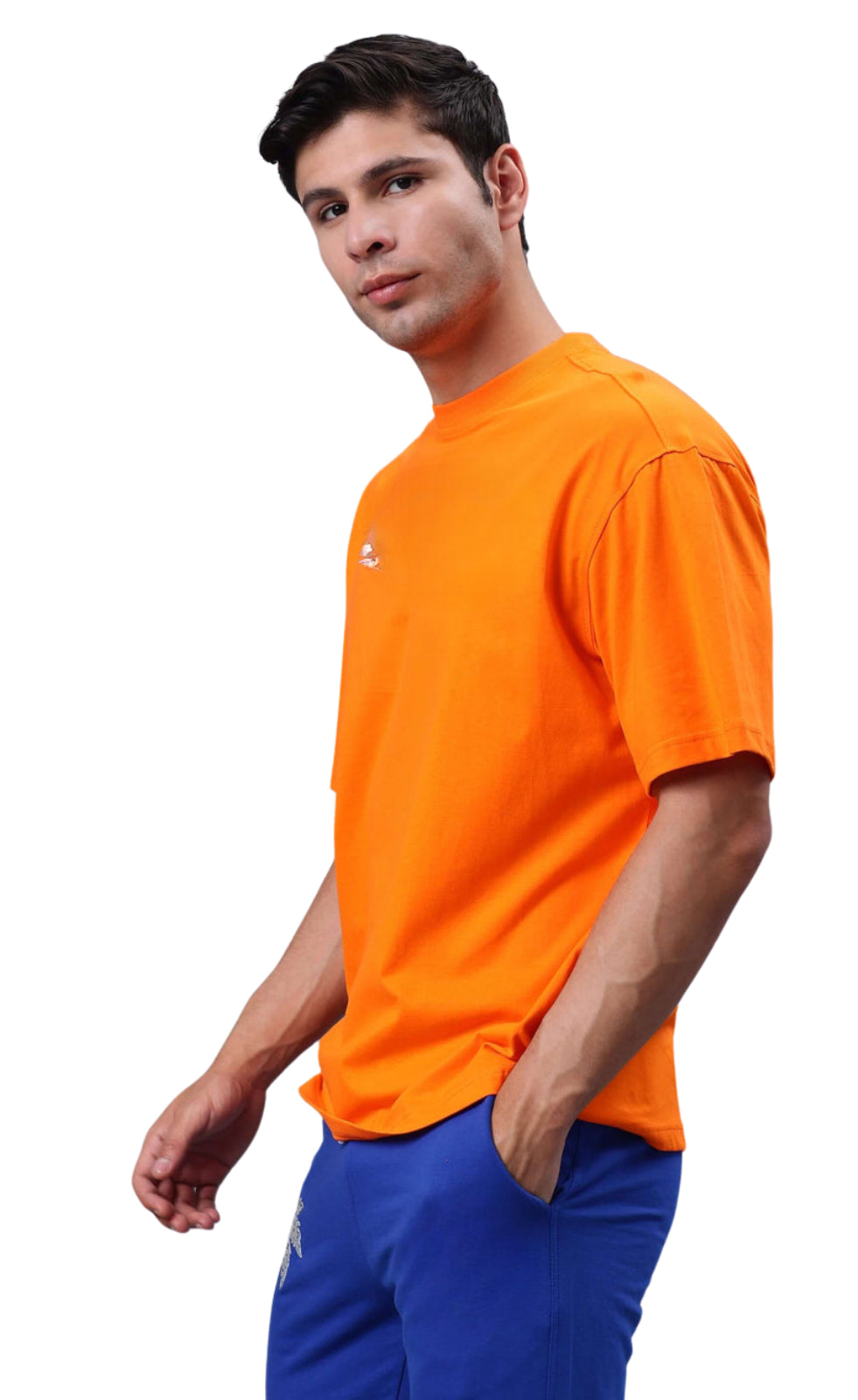 Genz-Classic Men's Orange Oversized Floral Graphic Print Cotton T-Shirt