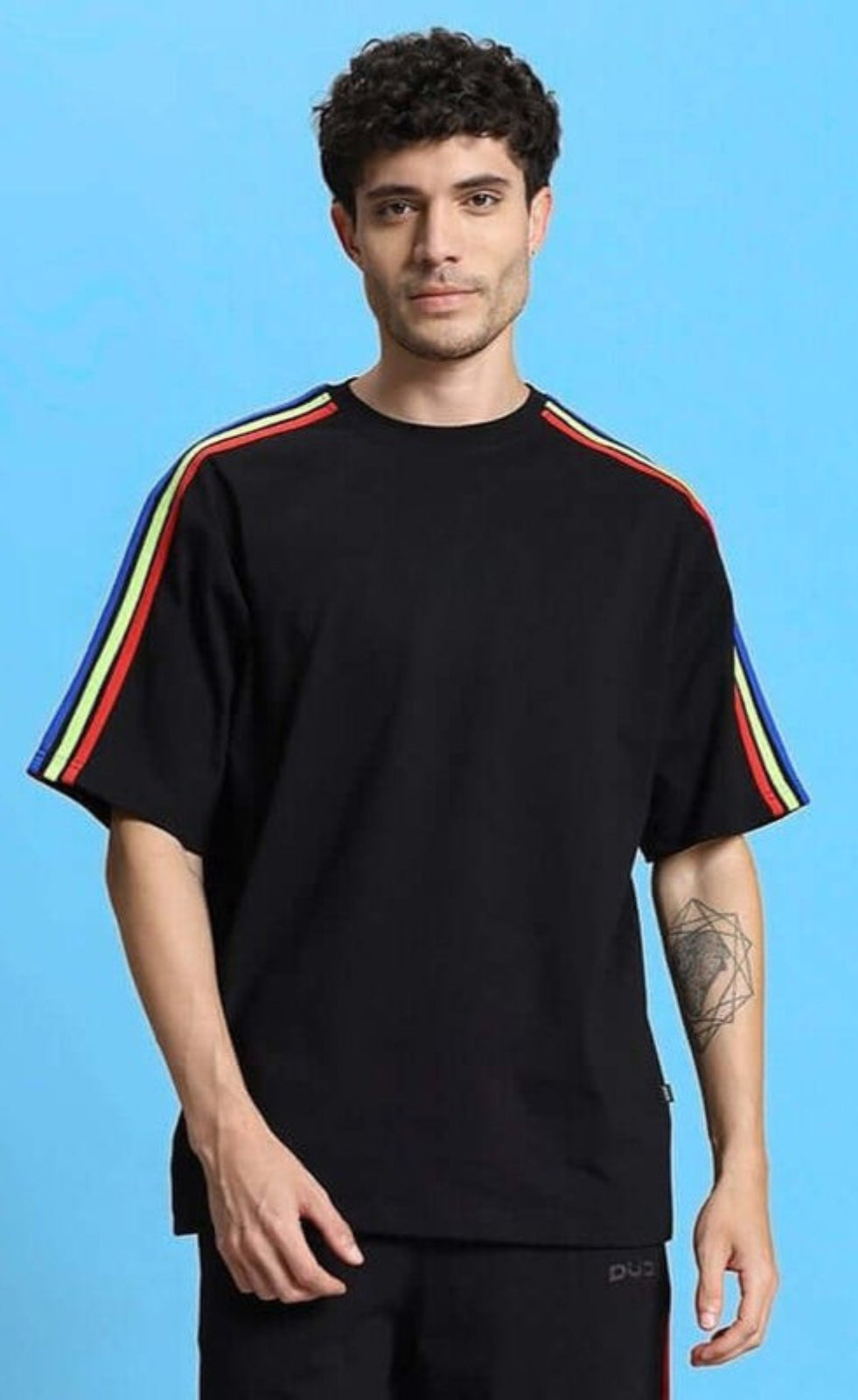 Genz-Classic Men's Black Oversized Multi Stripe Sleeve Cotton T-Shirt