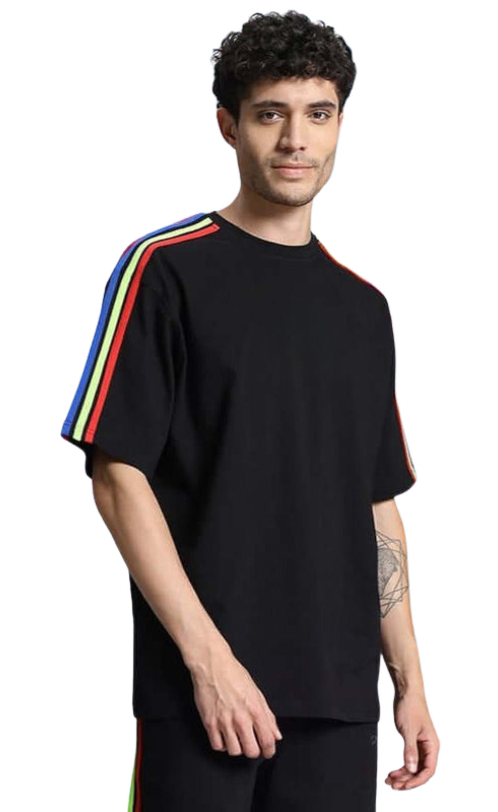 Genz-Classic Men's Black Oversized Multi Stripe Sleeve Cotton T-Shirt