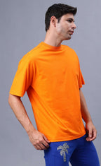 Genz-Classic Men's Orange Oversized Floral Graphic Print Cotton T-Shirt