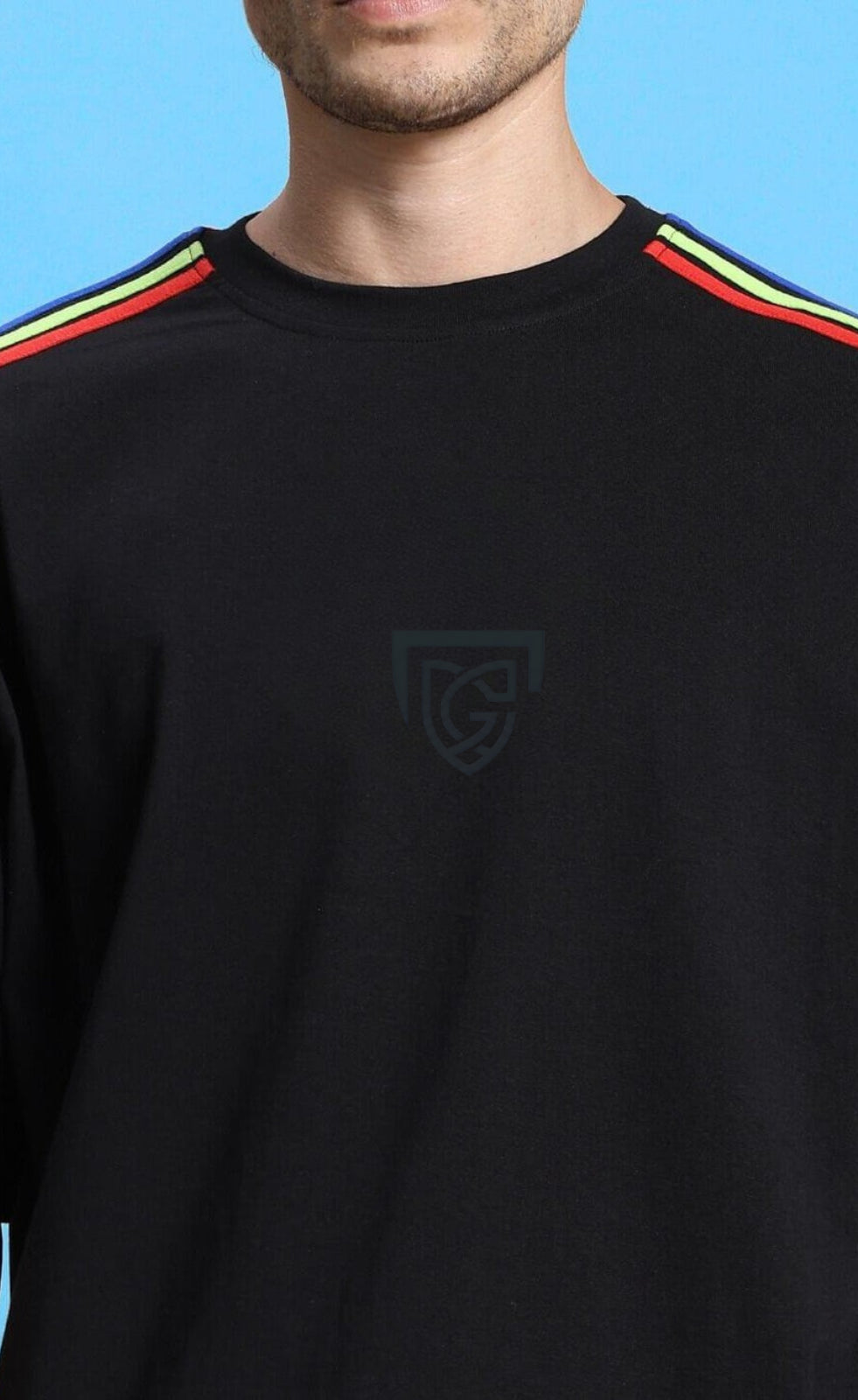 Genz-Classic Men's Black Oversized Multi Stripe Sleeve Cotton T-Shirt