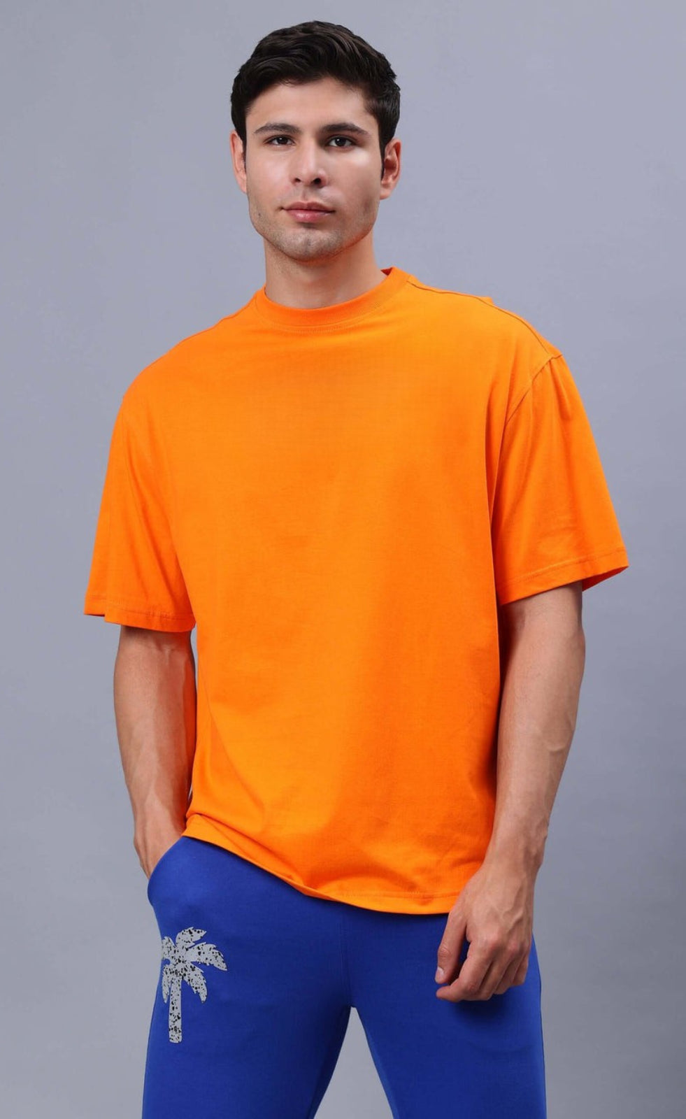 Genz-Classic Men's Orange Oversized Floral Graphic Print Cotton T-Shirt