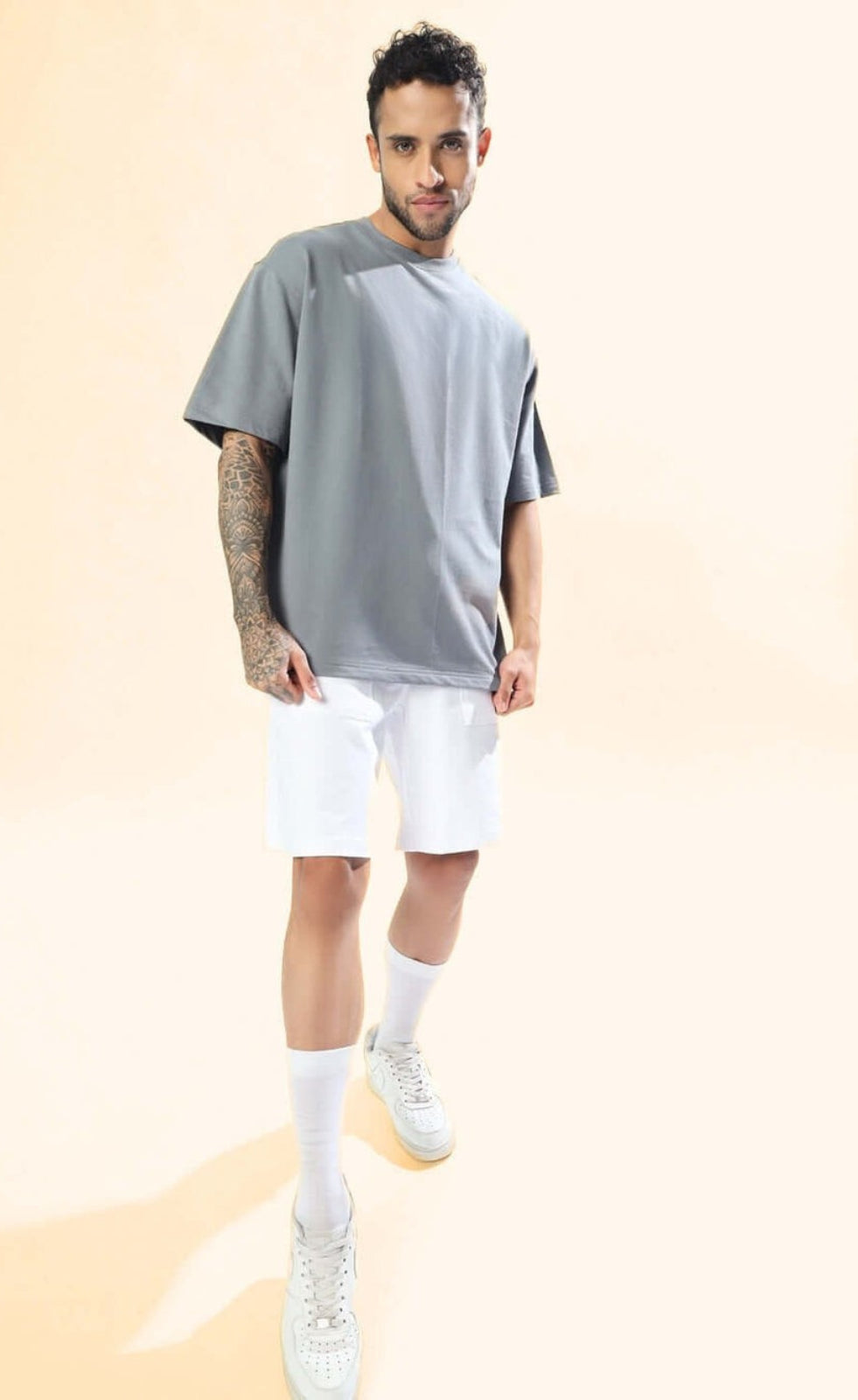 Genz-Classic Men's Grey Oversized Typography Printed Cotton T-Shirt
