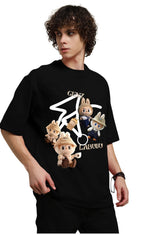 Genz-Classic Men's Black Oversized Labubu Character Graphic Print Cotton T-Shirt