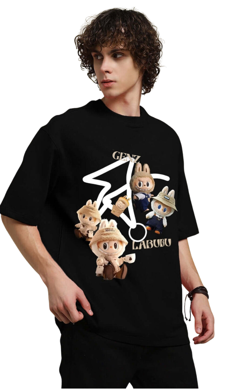 Genz-Classic Men's Black Oversized Labubu Character Graphic Print Cotton T-Shirt