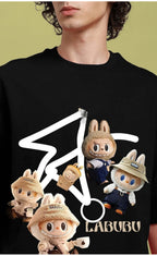 Genz-Classic Men's Black Oversized Labubu Character Graphic Print Cotton T-Shirt