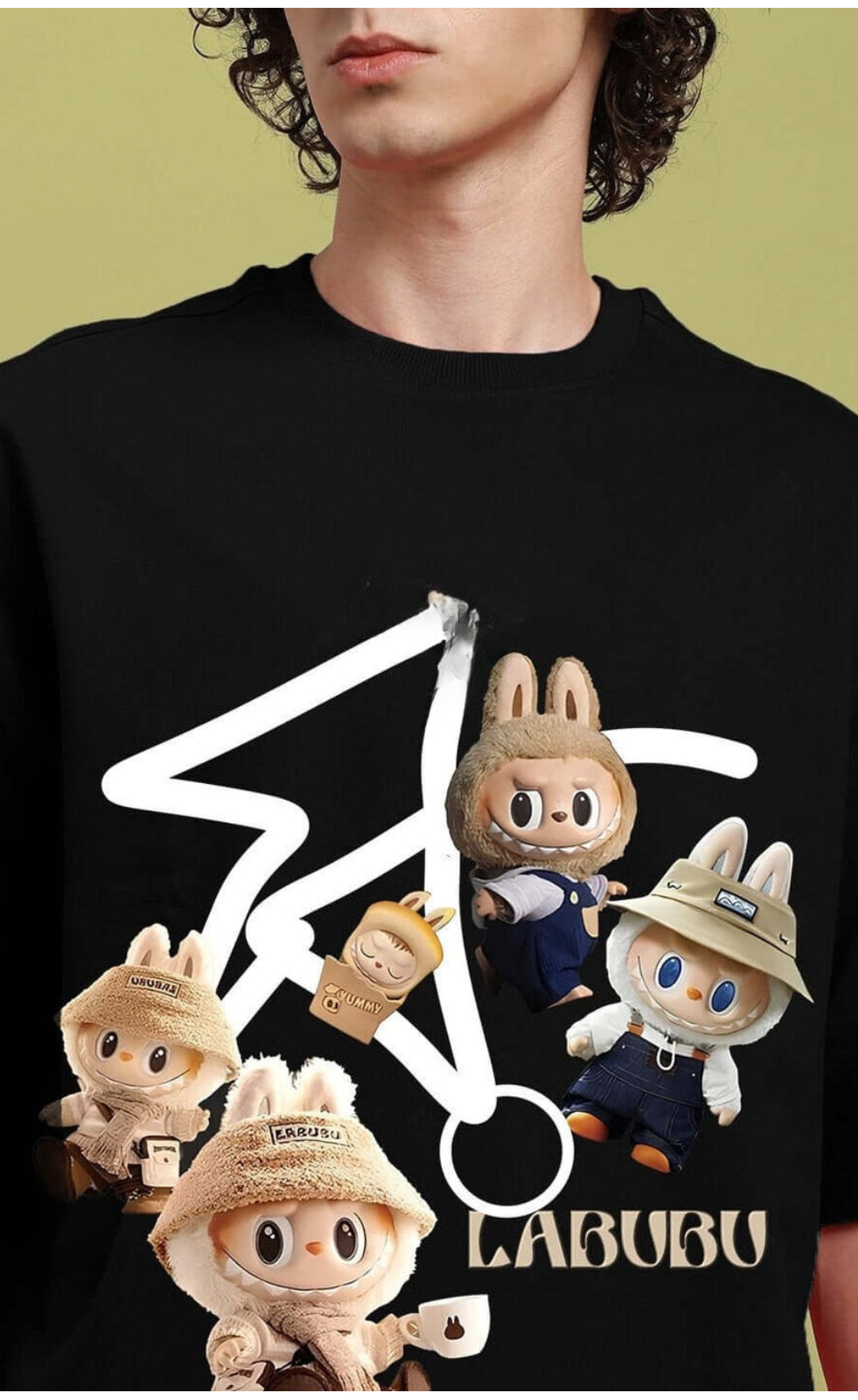 Genz-Classic Men's Black Oversized Labubu Character Graphic Print Cotton T-Shirt