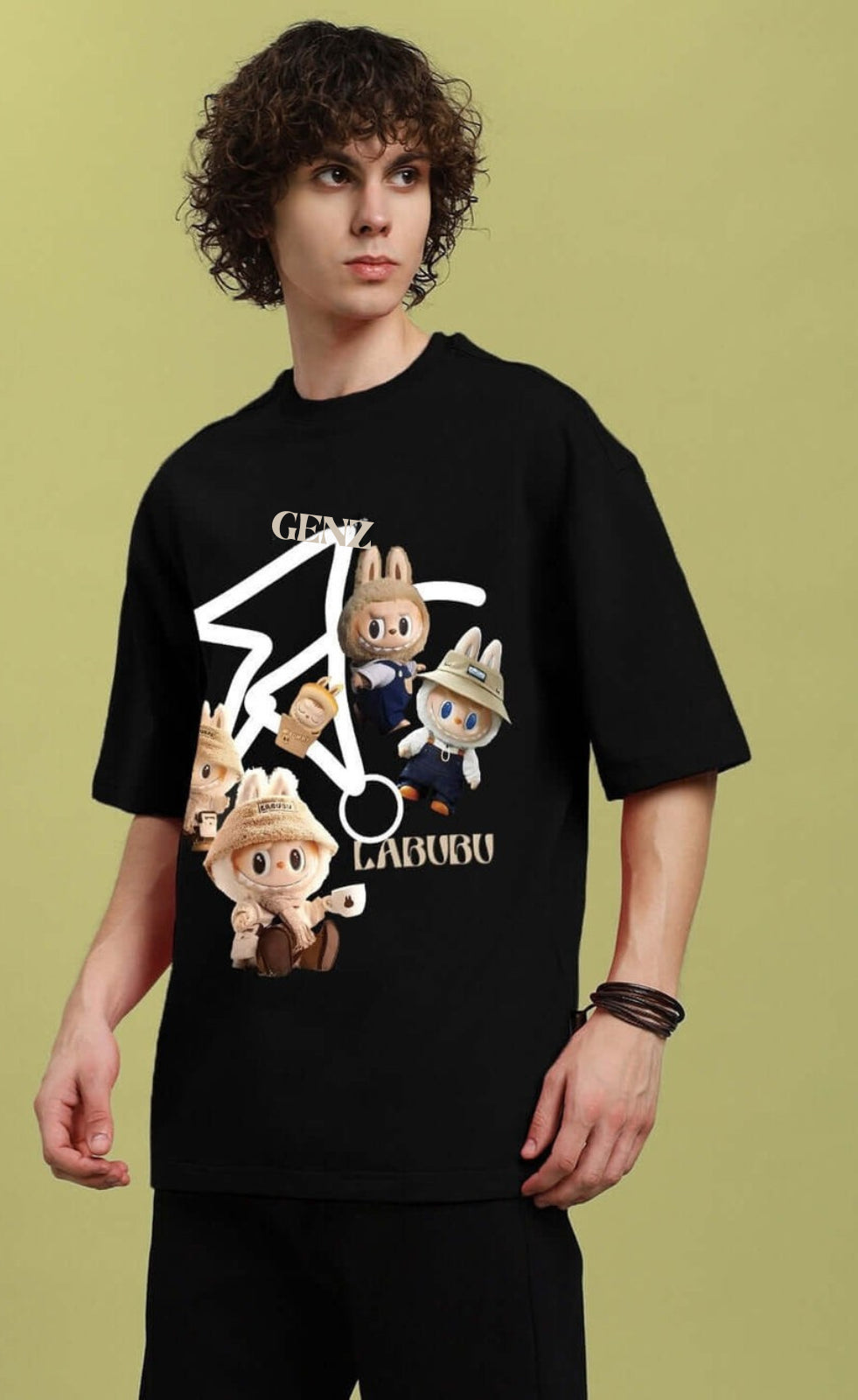 Genz-Classic Men's Black Oversized Labubu Character Graphic Print Cotton T-Shirt
