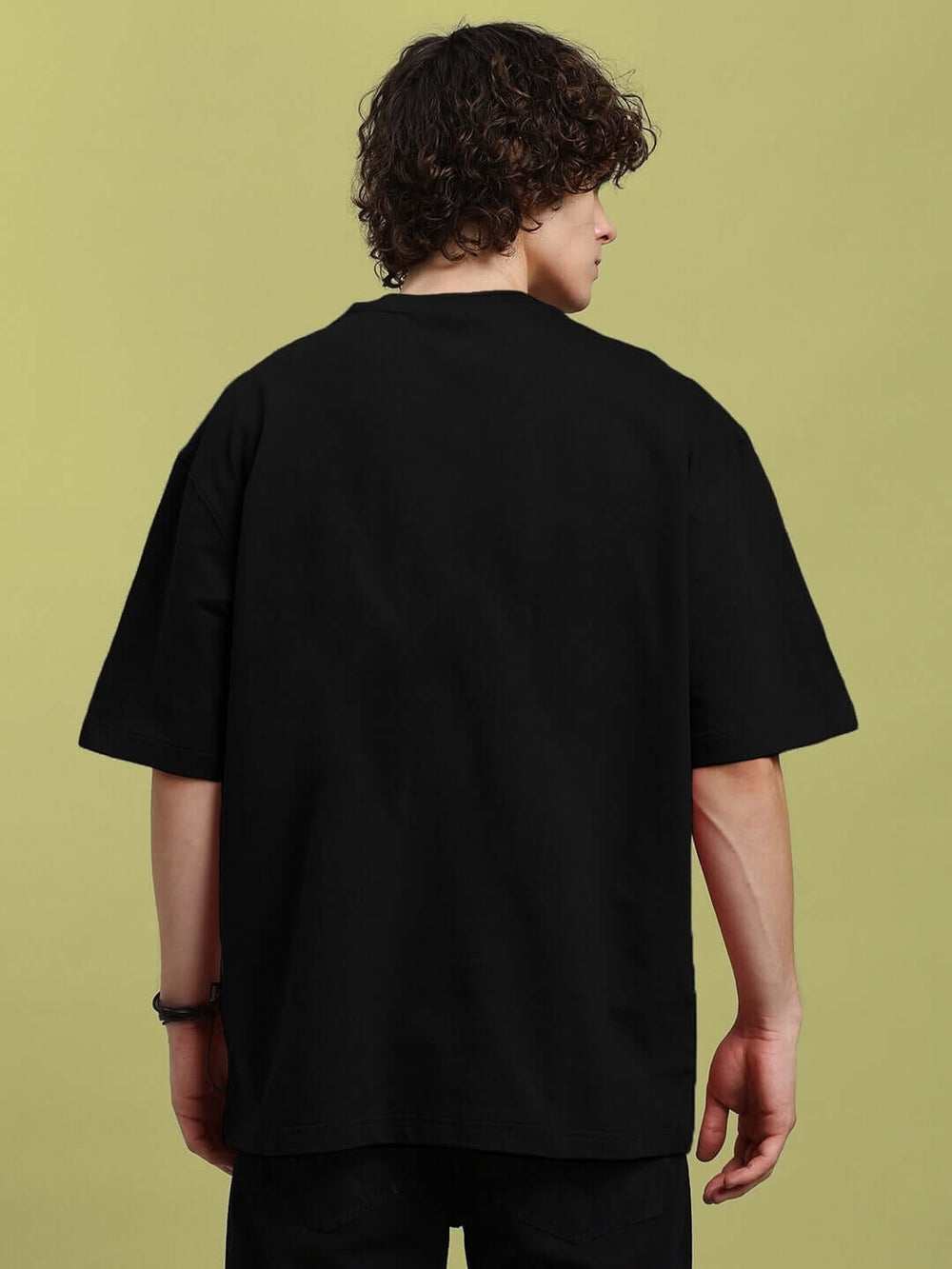 Genz-Classic Men's Black Oversized Labubu Character Graphic Print Cotton T-Shirt