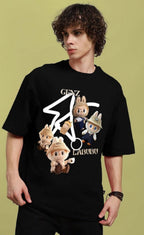 Genz-Classic Men's Black Oversized Labubu Character Graphic Print Cotton T-Shirt