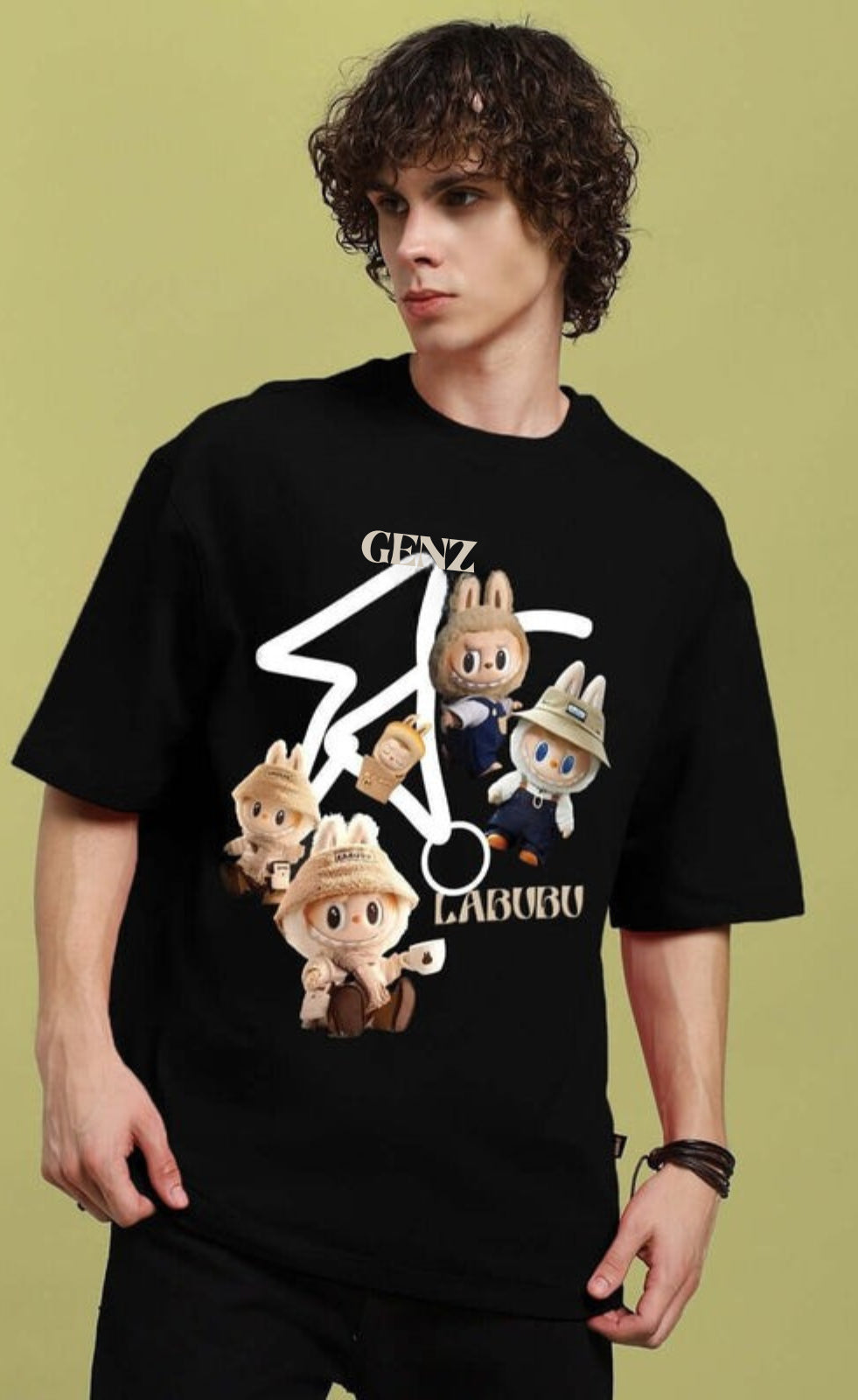 Genz-Classic Men's Black Oversized Labubu Character Graphic Print Cotton T-Shirt