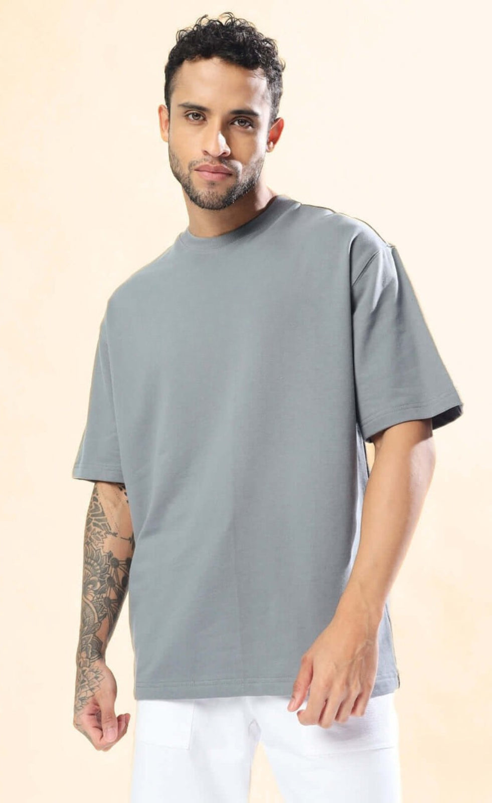 Genz-Classic Men's Grey Oversized Typography Printed Cotton T-Shirt