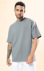 Genz-Classic Men's Grey Oversized Typography Printed Cotton T-Shirt