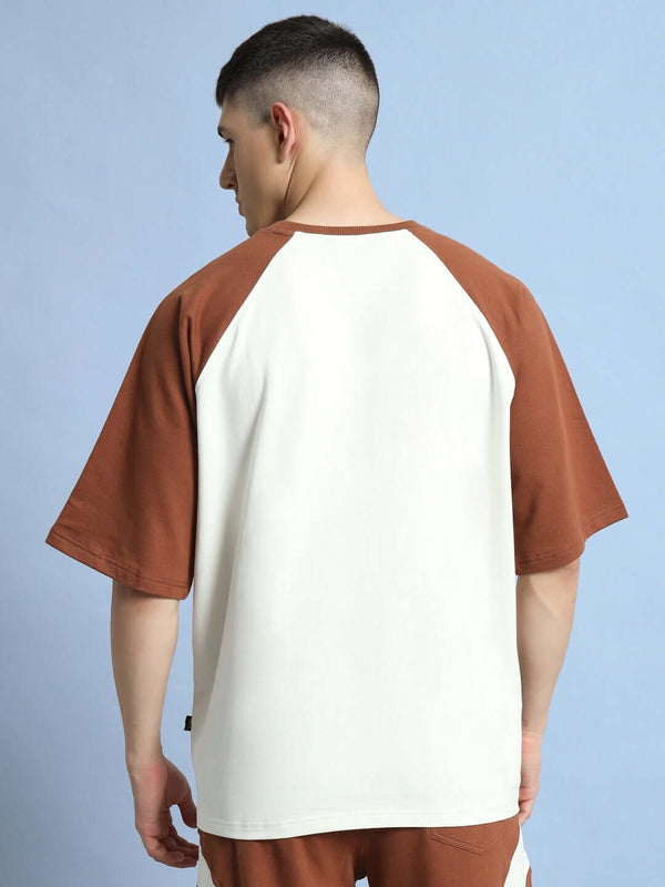 Genz-Classic Men's White & Brown Raglan Sleeve Logo Print Cotton T-Shirt