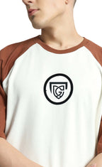 Genz-Classic Men's White & Brown Raglan Sleeve Logo Print Cotton T-Shirt