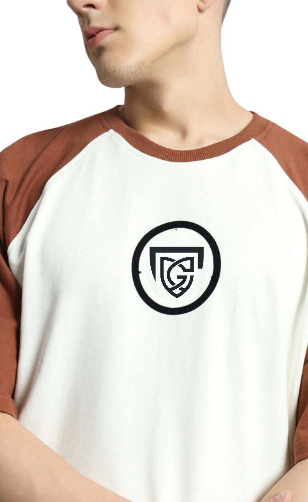 Genz-Classic Men's White & Brown Raglan Sleeve Logo Print Cotton T-Shirt