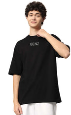 Genz-Classic Men's Black Oversized One Piece Anime Back Graphic Printed Cotton T-Shirt