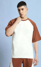 Genz-Classic Men's White & Brown Raglan Sleeve Logo Print Cotton T-Shirt