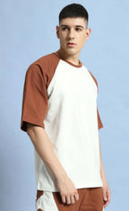 Genz-Classic Men's White & Brown Raglan Sleeve Logo Print Cotton T-Shirt