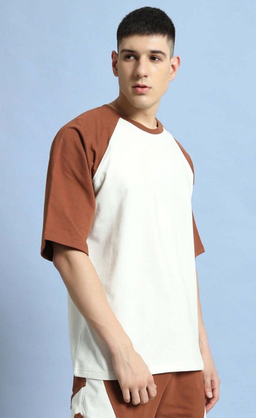 Genz-Classic Men's White & Brown Raglan Sleeve Logo Print Cotton T-Shirt