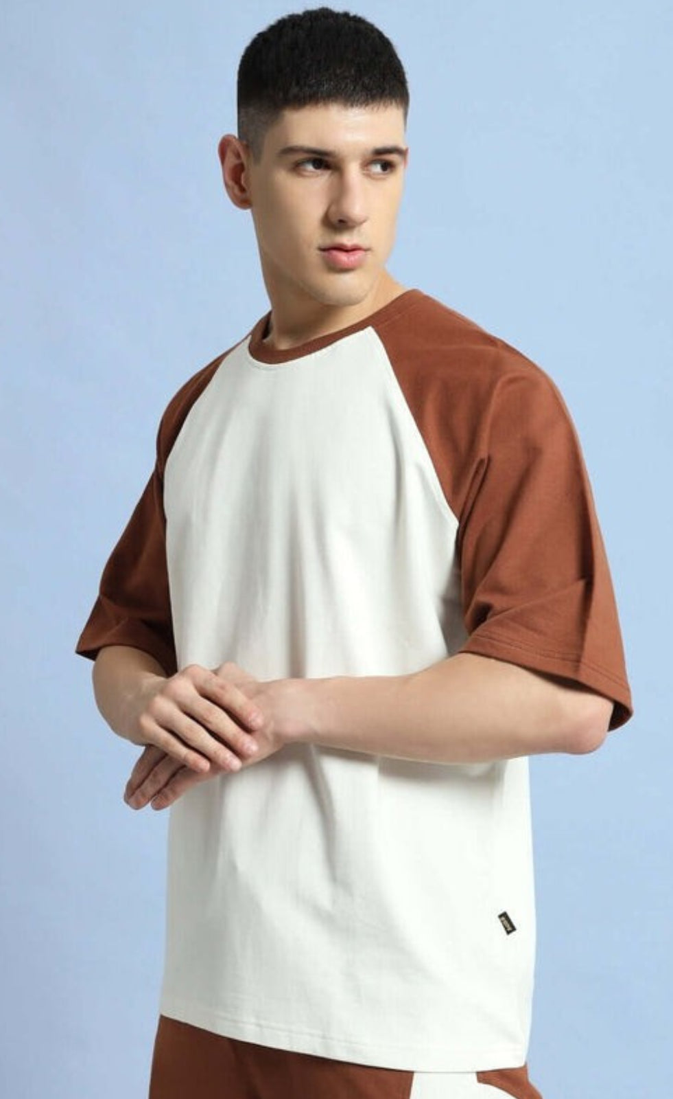 Genz-Classic Men's White & Brown Raglan Sleeve Logo Print Cotton T-Shirt
