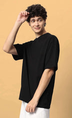 Genz-Classic Men's Black Oversized One Piece Anime Back Graphic Printed Cotton T-Shirt