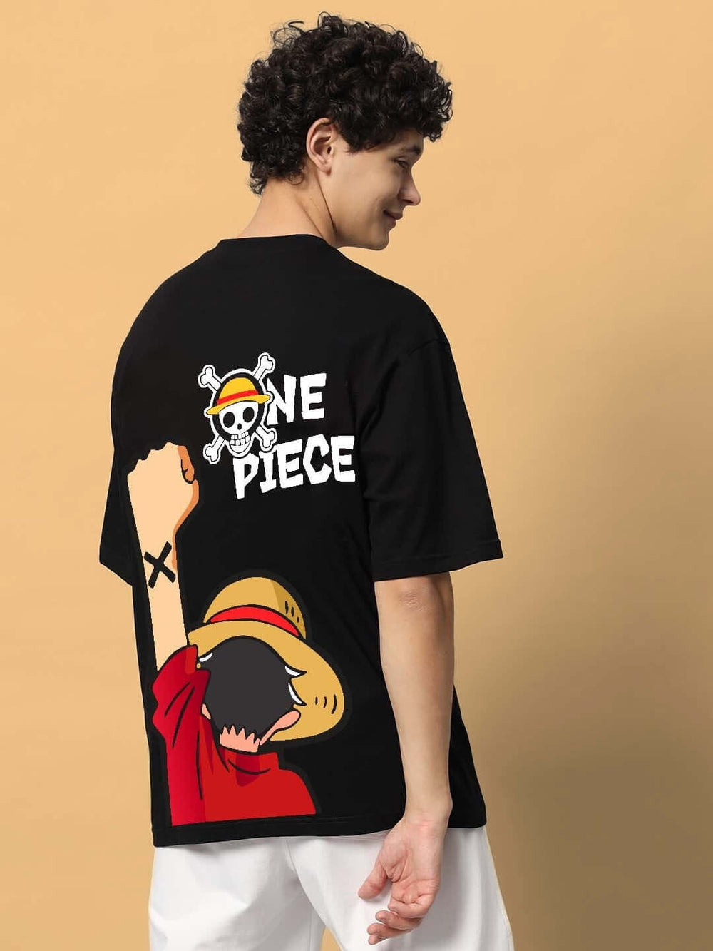 Genz-Classic Men's Black Oversized One Piece Anime Back Graphic Printed Cotton T-Shirt