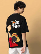 Genz-Classic Men's Black Oversized One Piece Anime Back Graphic Printed Cotton T-Shirt
